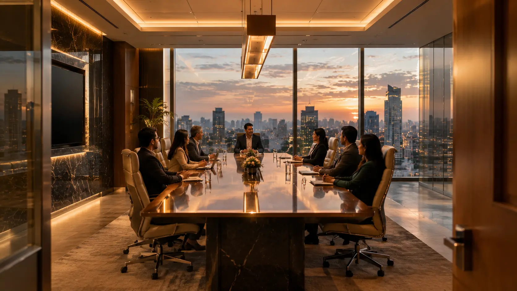 Directors around a boardroom table reviewing printed resolutions